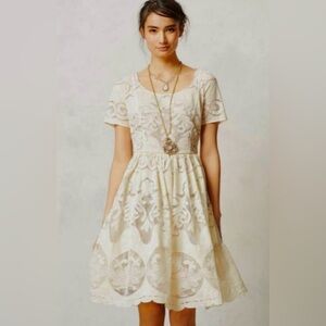 Anthropologie Tracy Reese Ivoire Lace Knee Length Short Sleeve Boho Dress 10